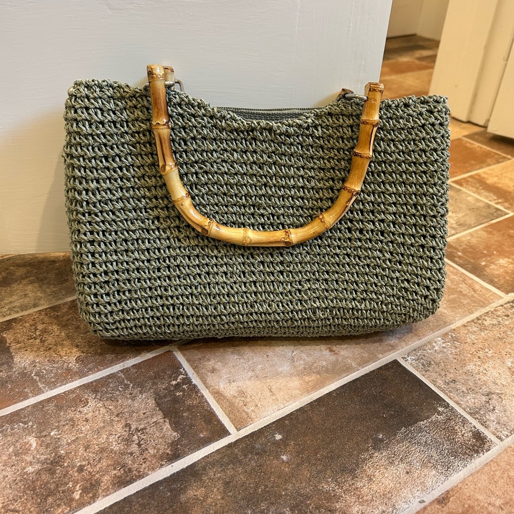 Green and Tan Tote with Bamboo Handles